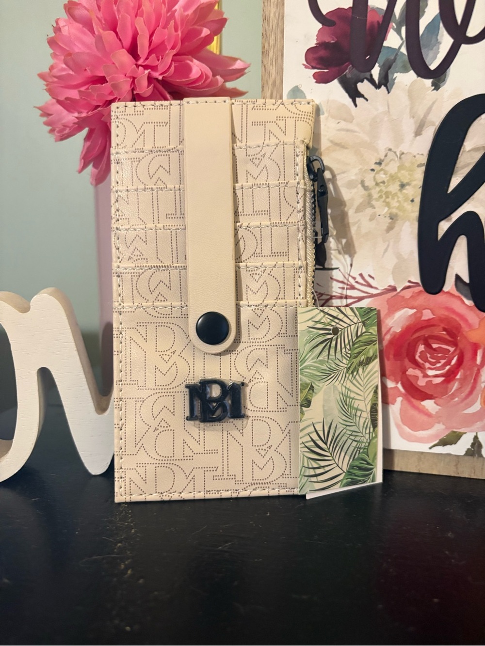 Badgley Mischka Beige Monogram Wallet with Button Strap
